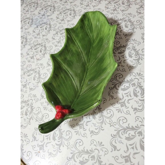 Maxcera Holly Berry  Porcelain Leaf Serving Dish 10" stem to point 5" wide. EUC - Picture 6 of 10